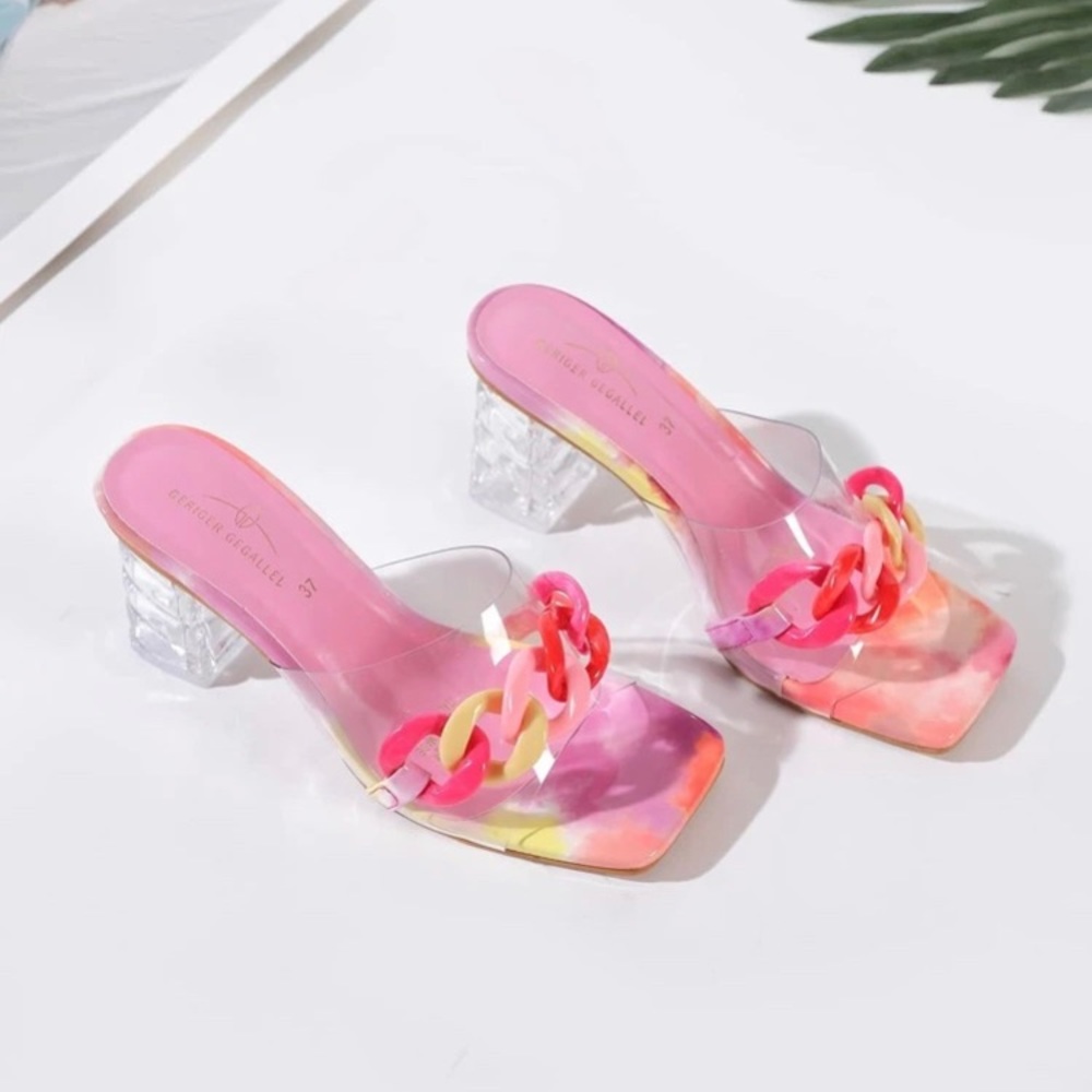 Clear Chain Decor Chunky Heeled Mules - Picture 4 of 5